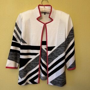 Ming Wang Open Front‎ Cardigan, Black and White With Pink Trim, Size XS